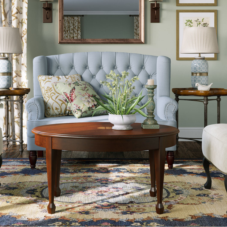 Cherry Oval Wood Coffee Table with Maple Inlay
