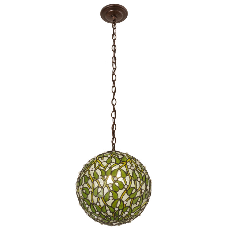 Meyda 12" Bronze Globe LED Pendant with Green Leaf Design