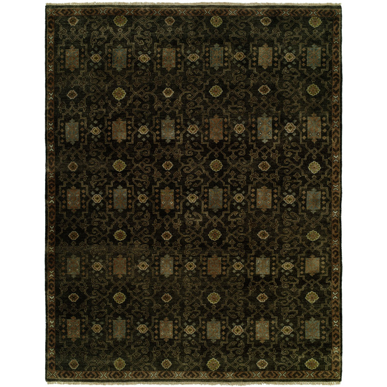 Hand-Knotted Black Wool Rectangular Area Rug with Tassels