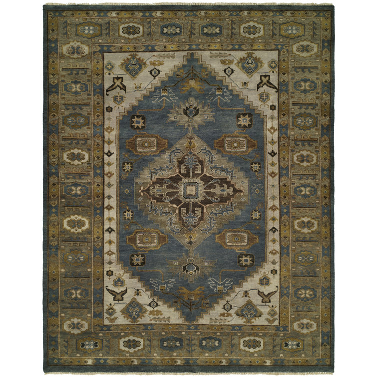 Hand-Knotted Blue and Beige Wool Oriental Area Rug, 10' x 14'