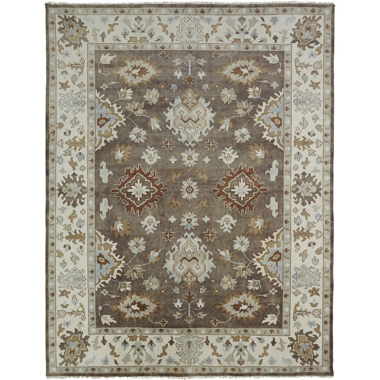 Hand-Knotted Ivory and Brown Wool 9' x 12' Area Rug