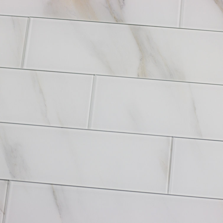 Glossy Calacatta White 4x16 Marble Look Glass Subway Tile