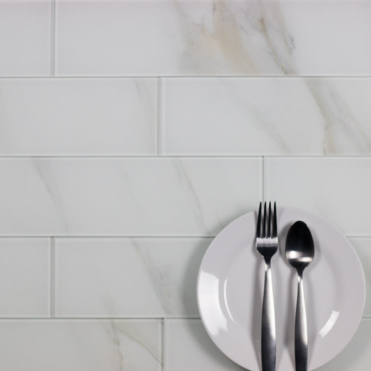 Glossy Calacatta White 4x16 Marble Look Glass Subway Tile