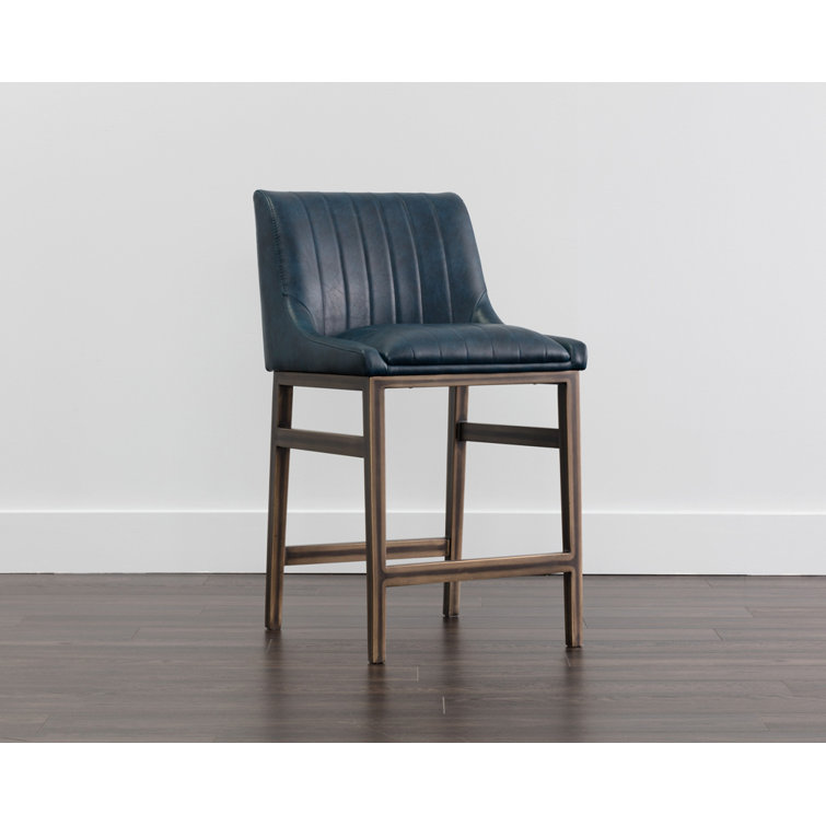 Vintage Blue Faux Leather Counter Stool with Bronze Frame
