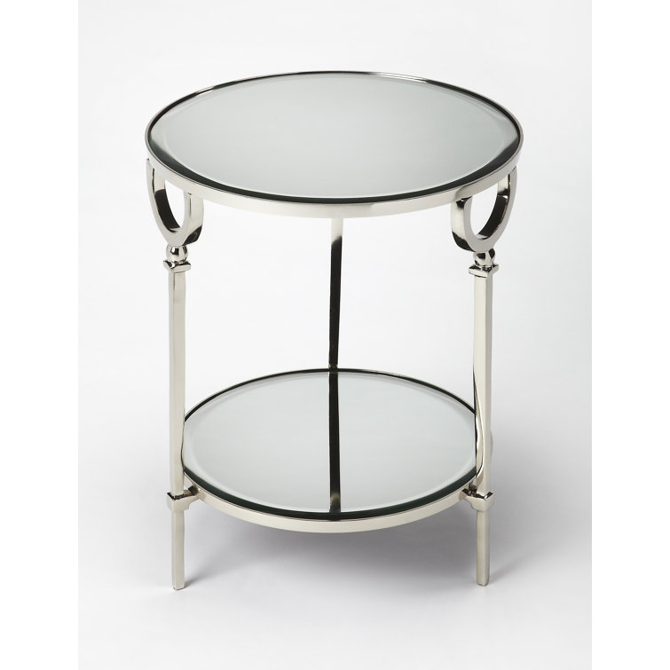 Jolene Polished Silver Round Metal & Glass Mirrored End Table