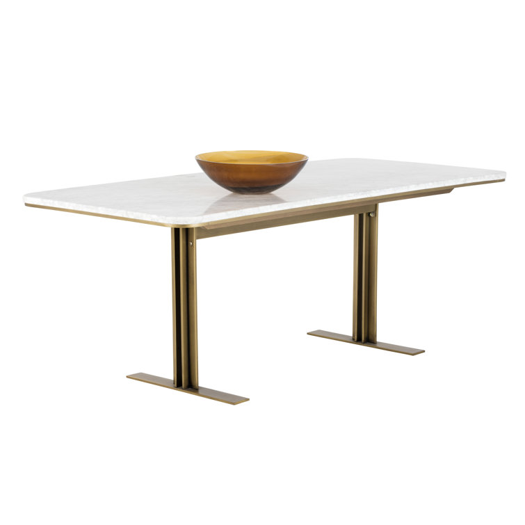 Art Deco White Marble Top Dining Table with Brass T-Frame, Seats 6