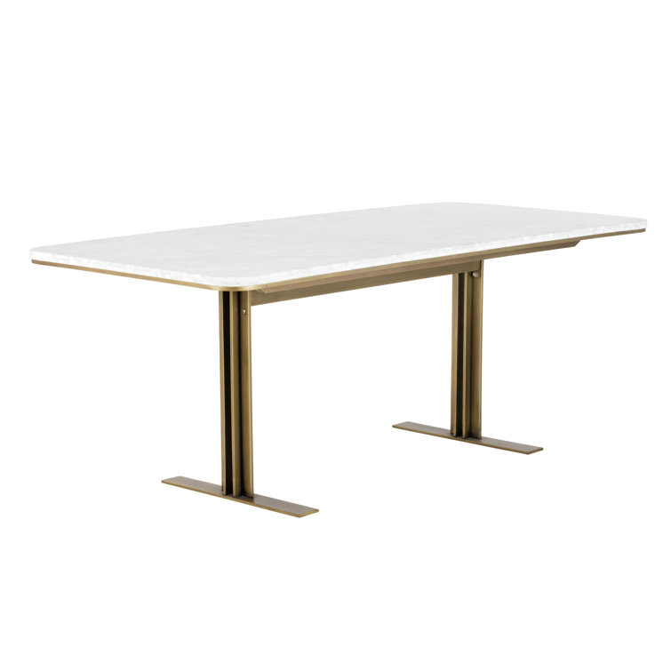 Art Deco White Marble Top Dining Table with Brass T-Frame, Seats 6