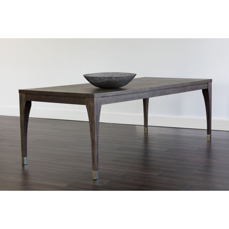 Chevron Smoked Acacia Wood Rectangular Dining Table with Brass Nickel Caps