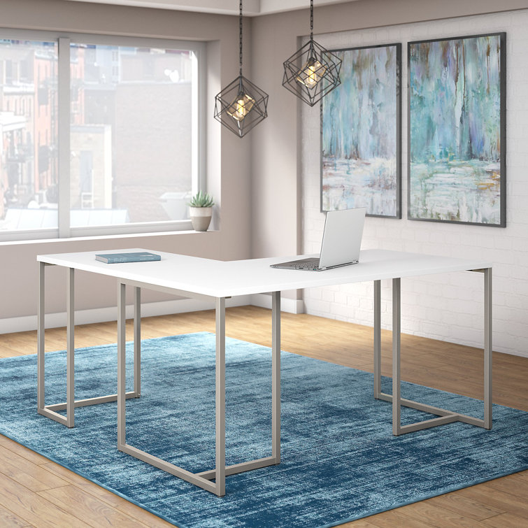 White L-Shaped Home Office Desk with Filing Cabinet