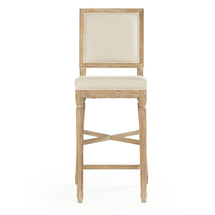 Gray Oak Bar Stool with Natural Linen Upholstery