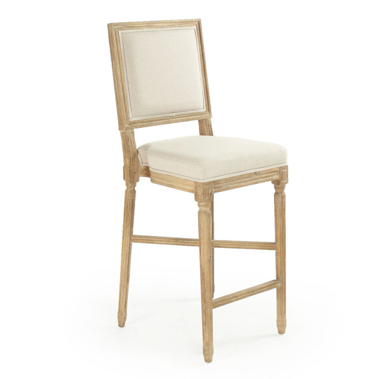 Gray Oak Bar Stool with Natural Linen Upholstery