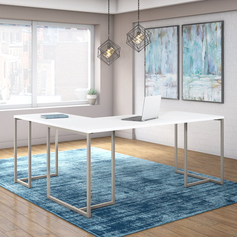 White L-Shaped Home Office Desk with Filing Cabinet