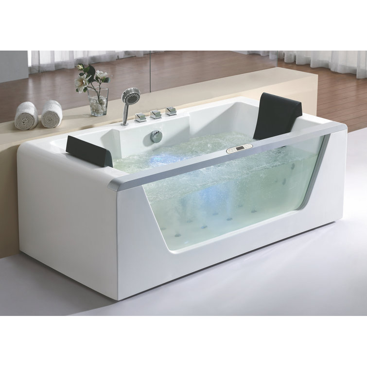 70.9'' White Acrylic Freestanding Whirlpool Bathtub with Glass Panel
