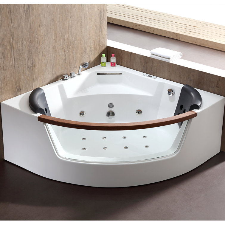 White Acrylic Corner Whirlpool Bathtub with Glass Panel
