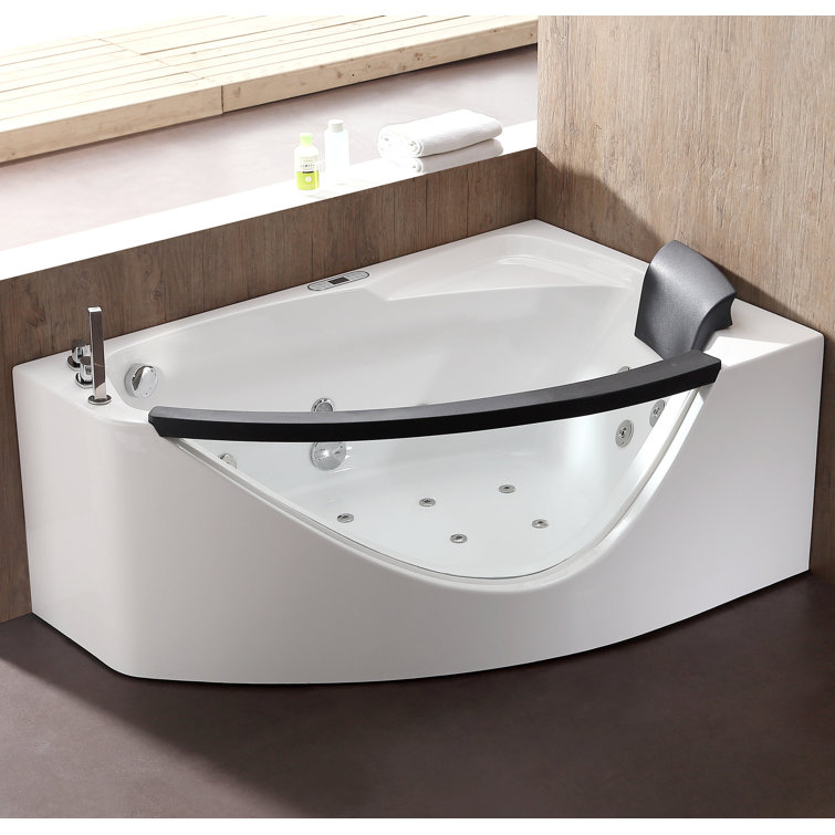 59'' White Acrylic Corner Whirlpool Bathtub with Glass Panel