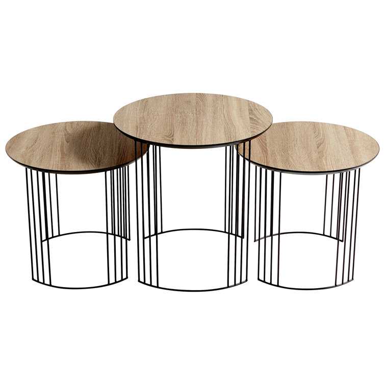 Contemporary Black and Brown Round Oak Veneer Nesting Tables