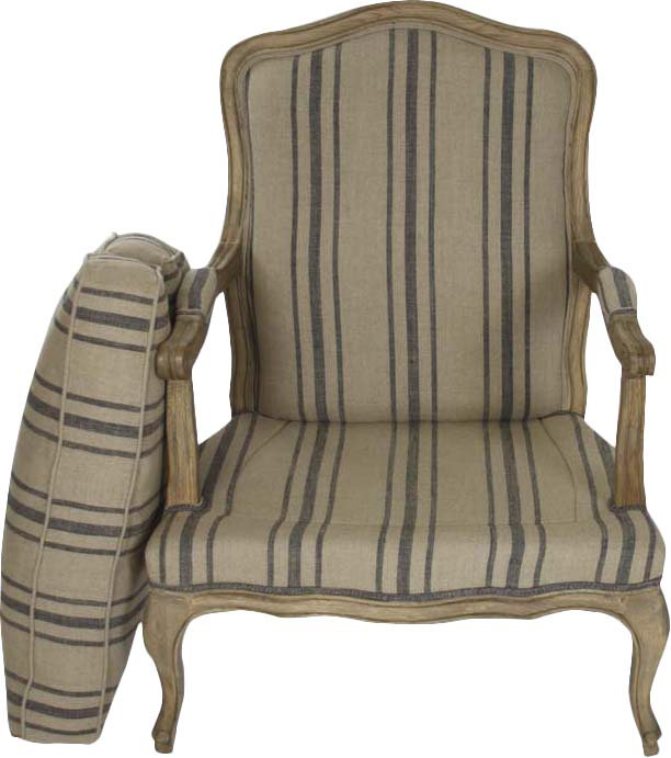 English Khaki Linen and Blue Stripe Handcrafted Armchair