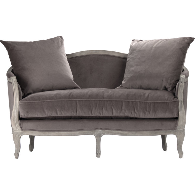 Elegant Flared Arm Brown Velvet Loveseat with Limed Grey Oak Finish