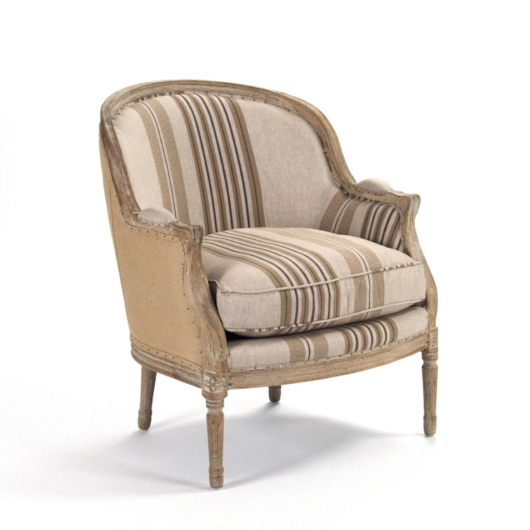 Beige Striped Linen and Wood Accent Chair