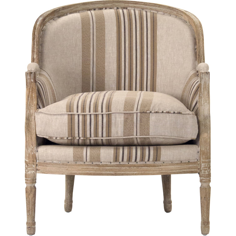 Beige Striped Linen and Wood Accent Chair