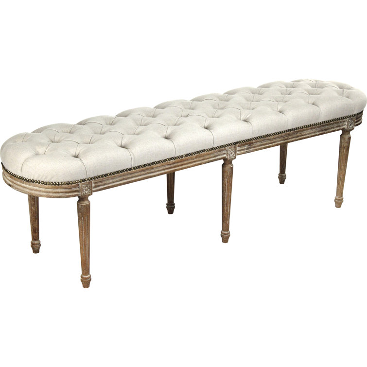 Elegant Michel 62'' Natural Linen Tufted Bench with Bronze Nailheads