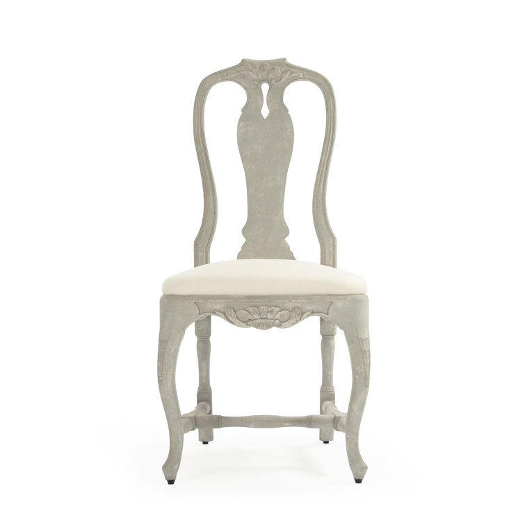 Distressed Grey Blue Queen Anne Upholstered Side Chair in Off-White Linen