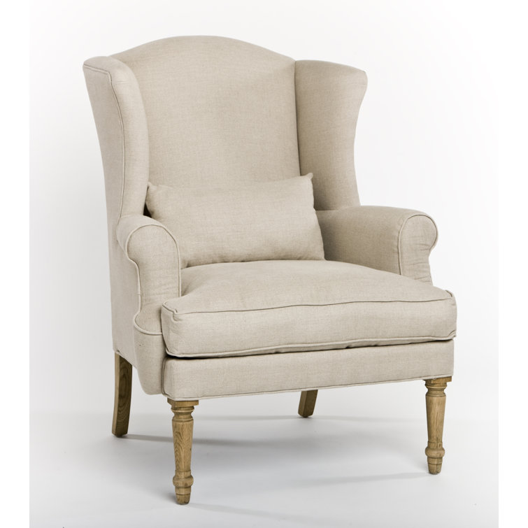 Natural Linen Upholstered Oak Wingback Accent Chair