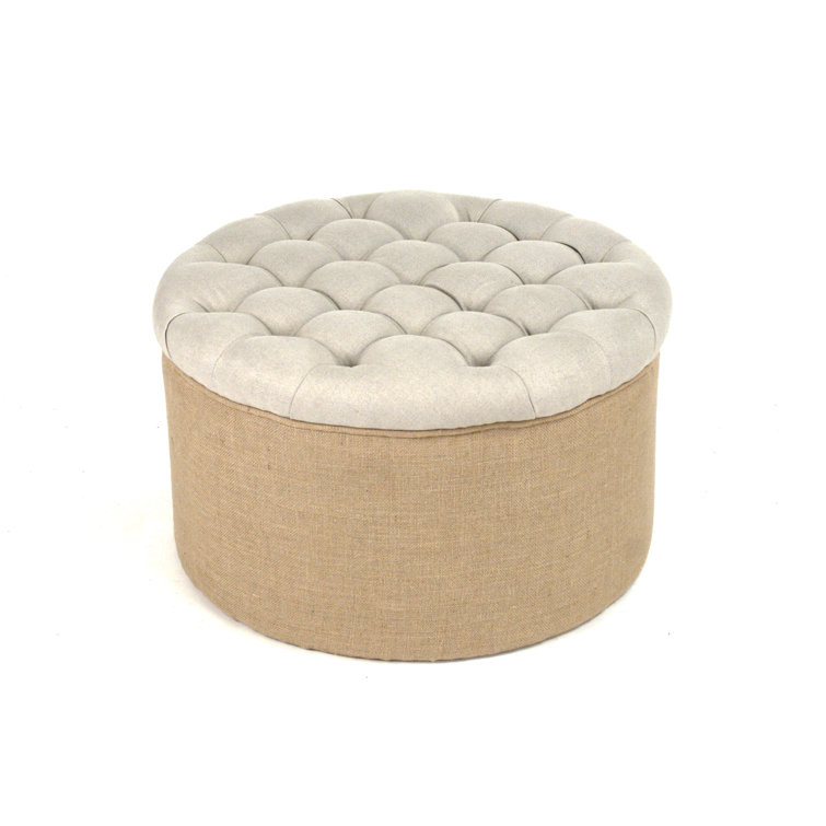 Cosmopolitan Deep Tufted Beige Linen & Burlap Round Ottoman