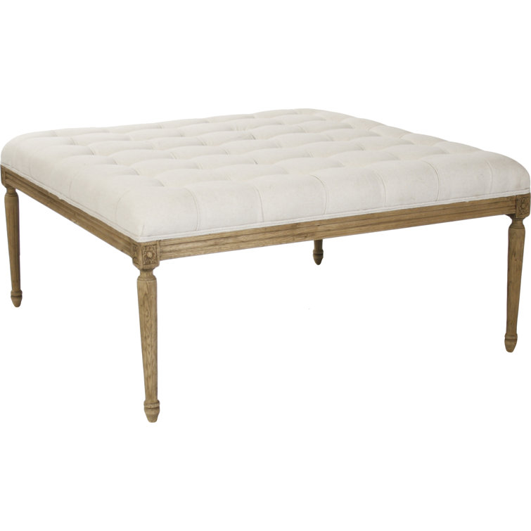 Off-White Cotton Tufted Square Ottoman with Wooden Frame