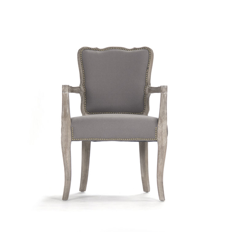 Gray Hemp Upholstered Oak Armchair with Nailhead Trim