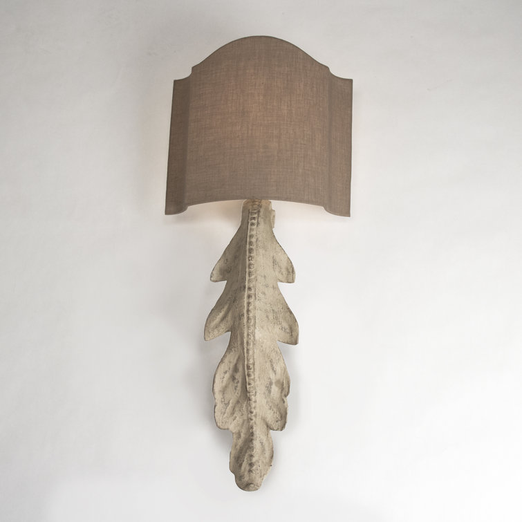 Weathered Ivory Wooden Leaf Motif Sconce with Taupe Linen Shade
