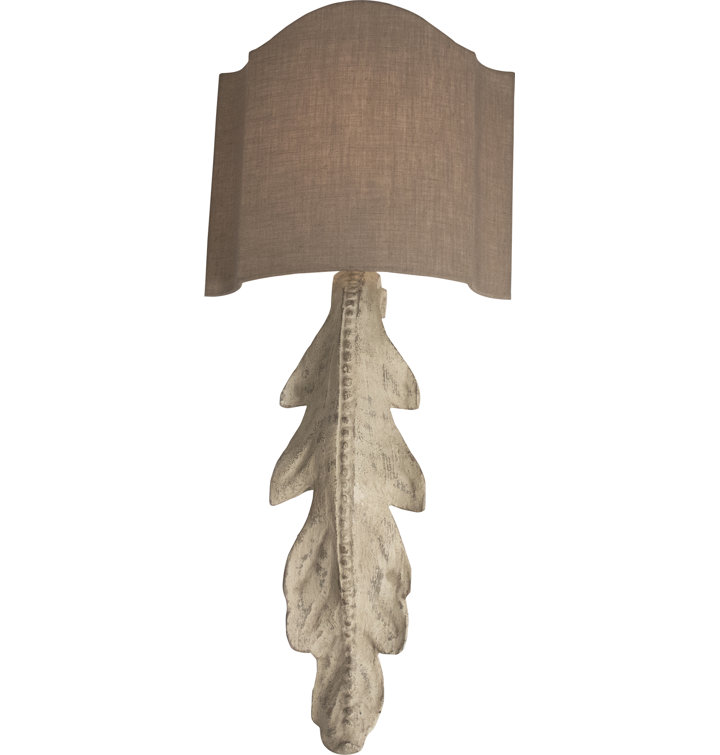 Weathered Ivory Wooden Leaf Motif Sconce with Taupe Linen Shade