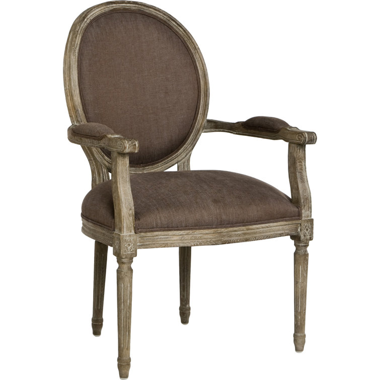 Gray Limed Oak Wood Armchair with Linen Upholstery