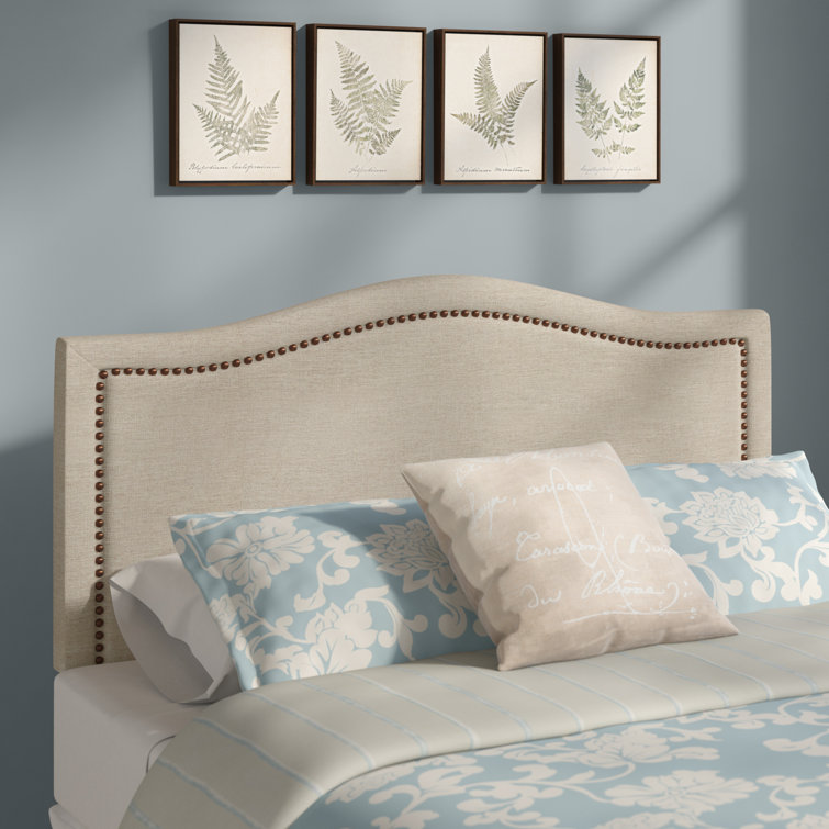 Beige Queen Upholstered Headboard with Nailhead Trim