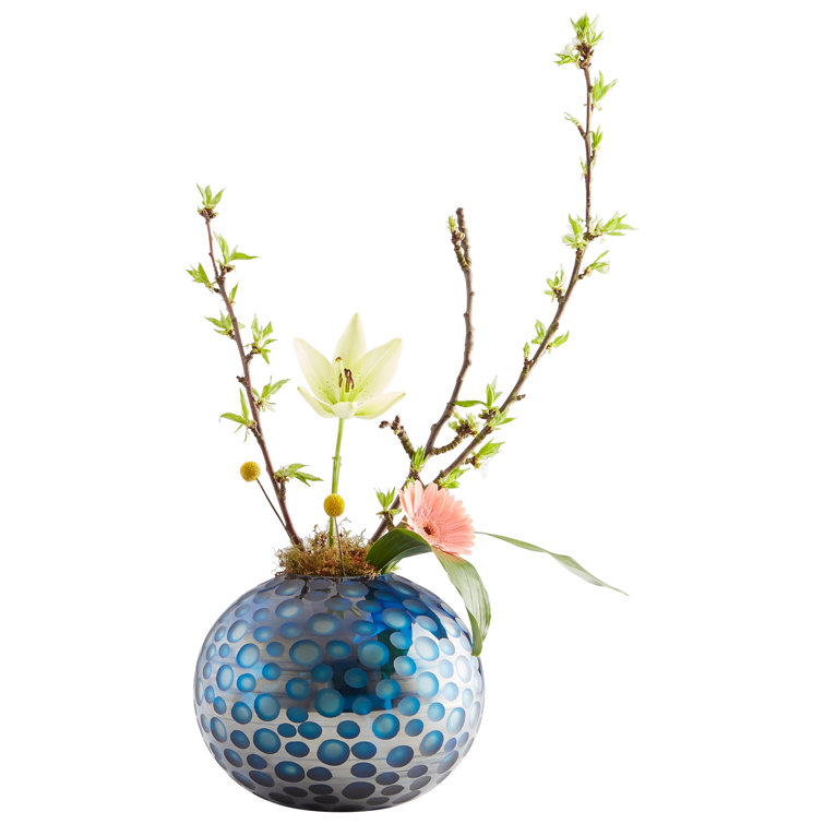 Large Blue Polka-Dotted Round Glass Vase