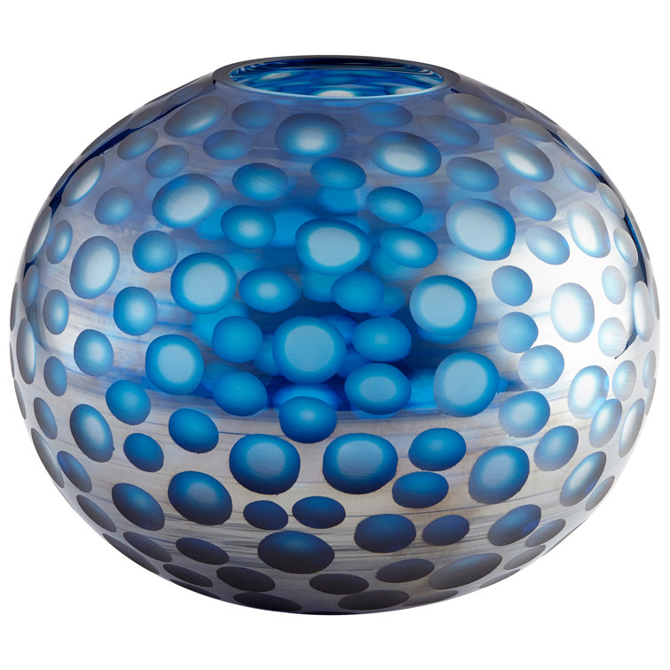Large Blue Polka-Dotted Round Glass Vase