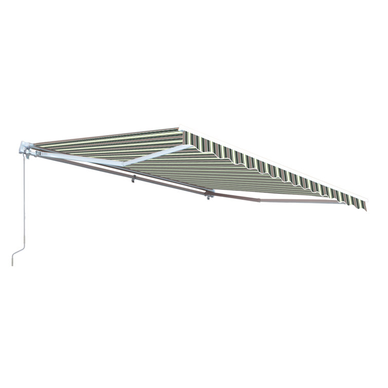 Gray and White Striped Retractable Patio Awning with White Frame
