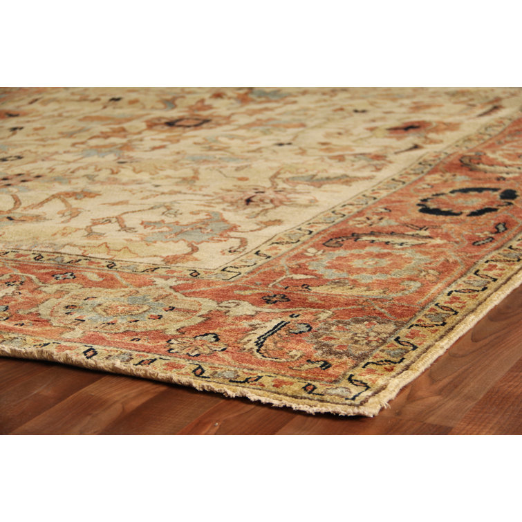 Handmade Rectangular Red and Ivory Wool Area Rug