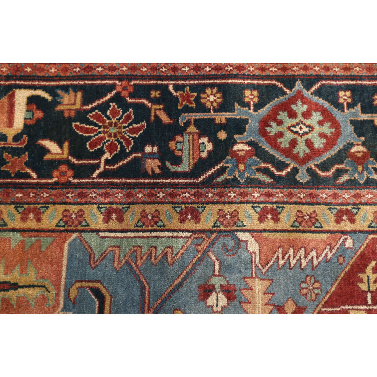Antique Weave Serapi Hand-Knotted Wool Rug in Blue and Rust