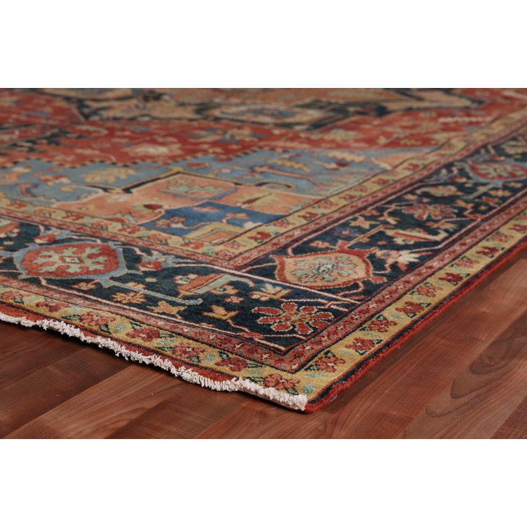 Antique Weave Serapi Hand-Knotted Wool Rug in Blue and Rust