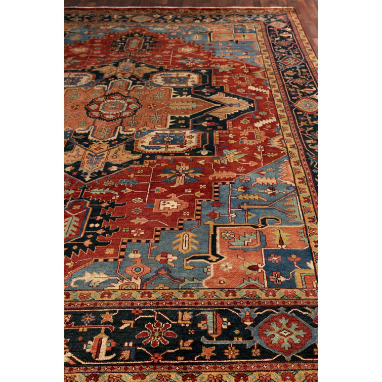 Antique Weave Serapi Hand-Knotted Wool Rug in Blue and Rust
