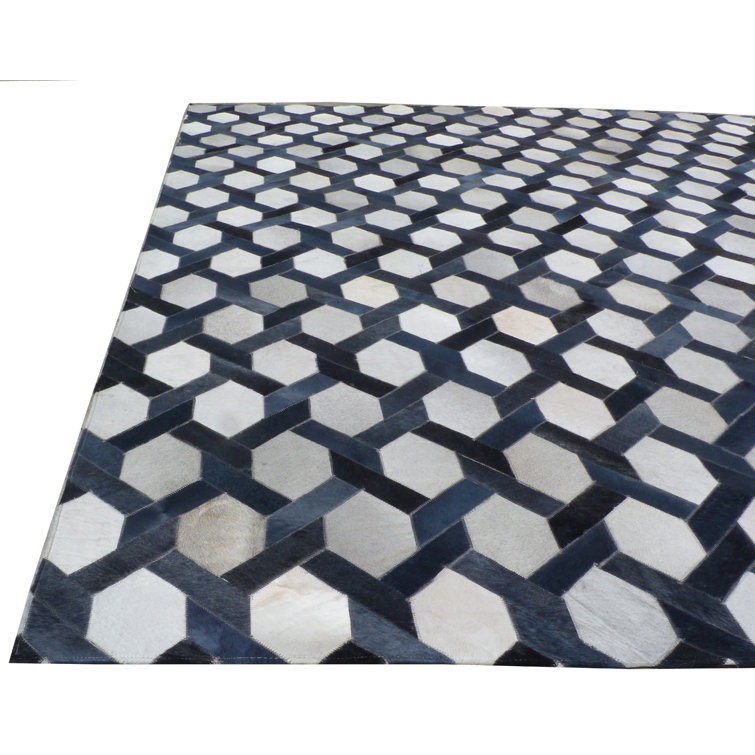 Handmade Blue and White Geometric Cowhide Rectangular Rug