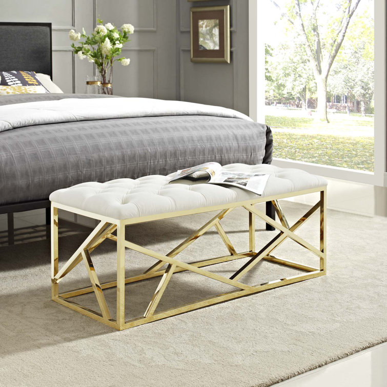 Ivory Tufted Velvet Bench with Gold Stainless Steel Base