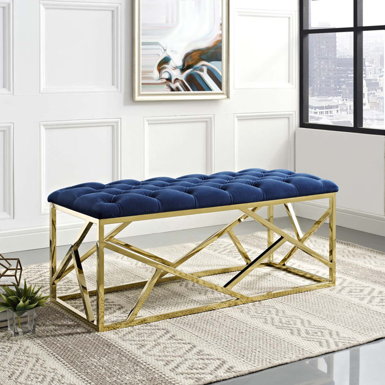 Ivory Tufted Velvet Bench with Gold Stainless Steel Base