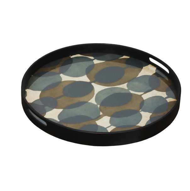 Round Black Wooden Tray with Glass Inlay
