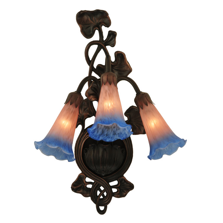 Bronze 3-Light Wall Sconce with Pink/Blue Lily Shades