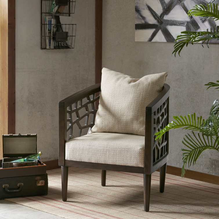 Mid-Century Tan Upholstered Wood Accent Chair with High-Density Foam
