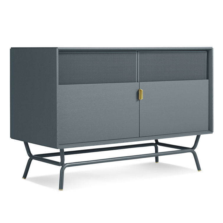 Marine Blue Perforated Steel TV Stand with Brass Details