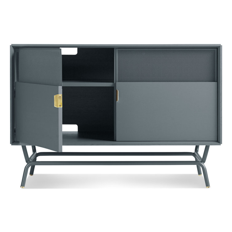 Marine Blue Perforated Steel TV Stand with Brass Details