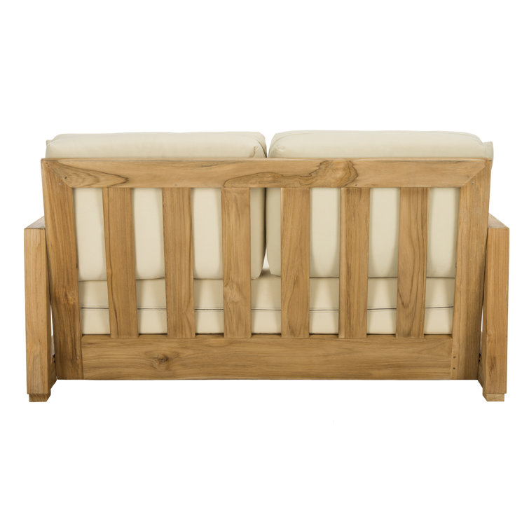Teak and Beige Upholstered Outdoor Loveseat with Cushions